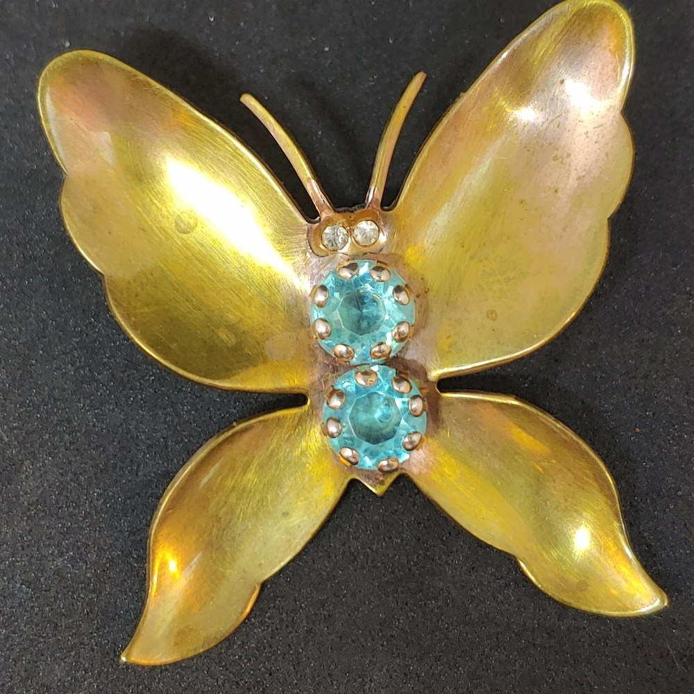 Butterfly Brass Metal Brroch Pin woth Aqua Gems
